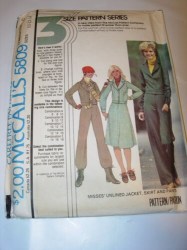 5809 MCCALLS 1977 UNLINED JACKET, ZIPPY A-SKIRT, PANTS  PATTERN 10-14 UNCUT